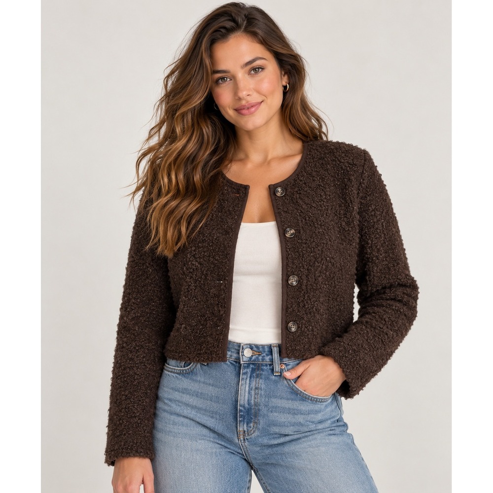 H&M Divided Womens S Brown Boucle Cropped Cardigan Jacket Button Front